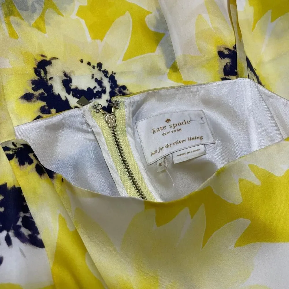 Kate Spade Sunflower Print Silk Cocktail Mini Dress Square Neck in Yellow 10